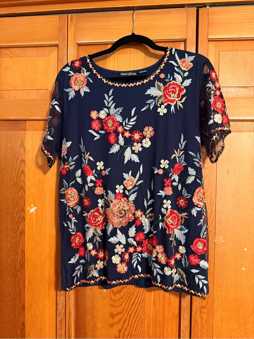 Tolani Navy Floral Embroidered Short-Sleeve Blouse